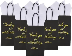 DjinnGlory 50 Pack Small Black & Gold Foil Thank You Paper Bags with Handles 9x5.5x3.15 and White Tissue Paper for Wedding Engagement Bridal Party Goodies, Welcome Gift Bags for Hotel Guests