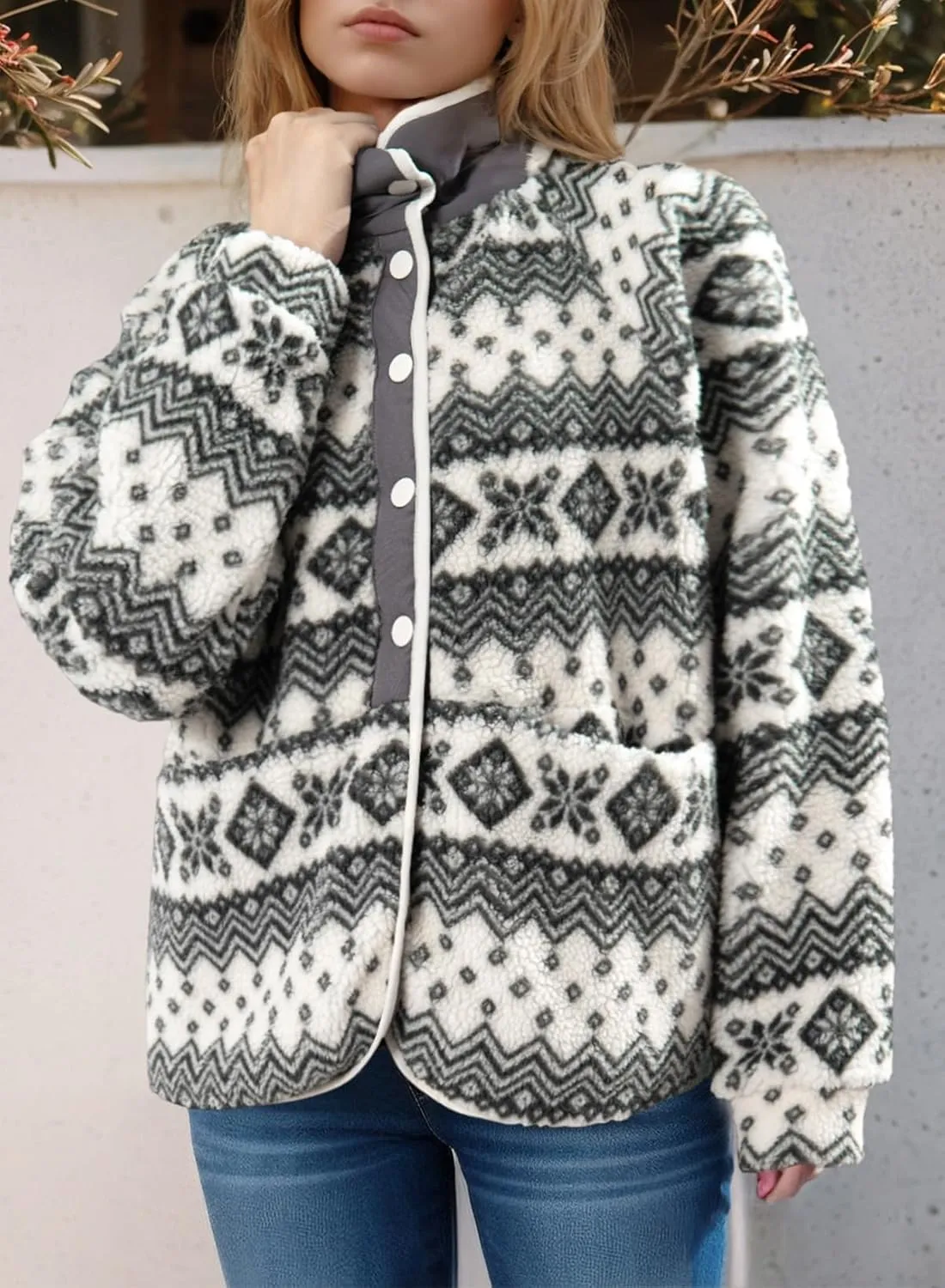 Dokotoo Women Fleece Jacket Casual Long Sleeve Sherpa Button Down Jackets for Women Printed Warm Coats With Pockets