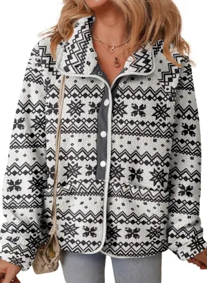 Dokotoo Women Fleece Jacket Casual Long Sleeve Sherpa Button Down Jackets for Women Printed Warm Coats With Pockets