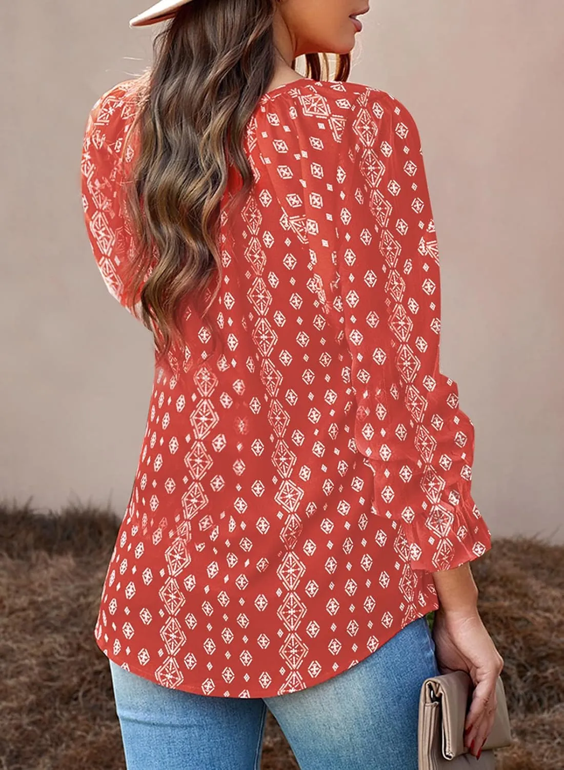 Dokotoo Women's Casual Boho Floral Printed V Neck Tops Drawstring Short Long Sleeve T Shirt Blouses
