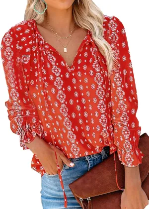 Dokotoo Women's Casual Boho Floral Printed V Neck Tops Drawstring Short Long Sleeve T Shirt Blouses