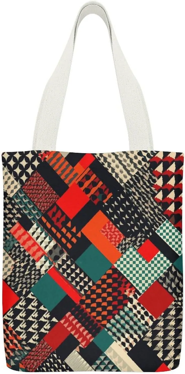 Double-sided Diagonal Geometric Pattern Printed Canvas Tote Bag, Printed Simple Tote Bag, Shoulder Tote Bag, Canvas Bag with Inner Pocket