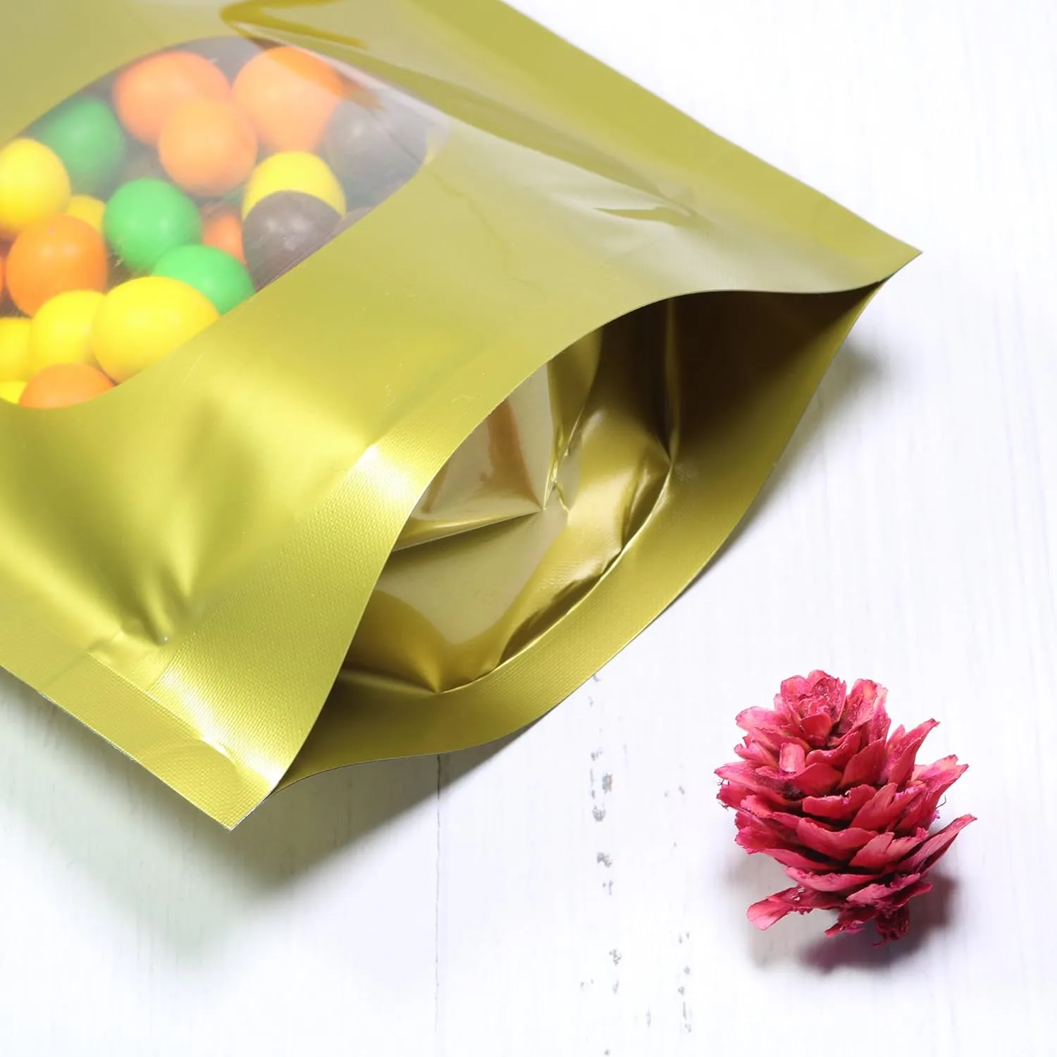 Double-Sided Matte/Glossy Color with Clear Round Window Stand-Up Pouch (100 Bags/Pack) (4" x 6.3", Glossy Gold)