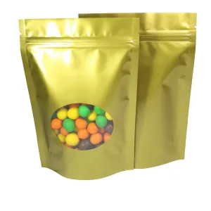 Double-Sided Matte/Glossy Color with Clear Round Window Stand-Up Pouch (100 Bags/Pack) (4" x 6.3", Glossy Gold)