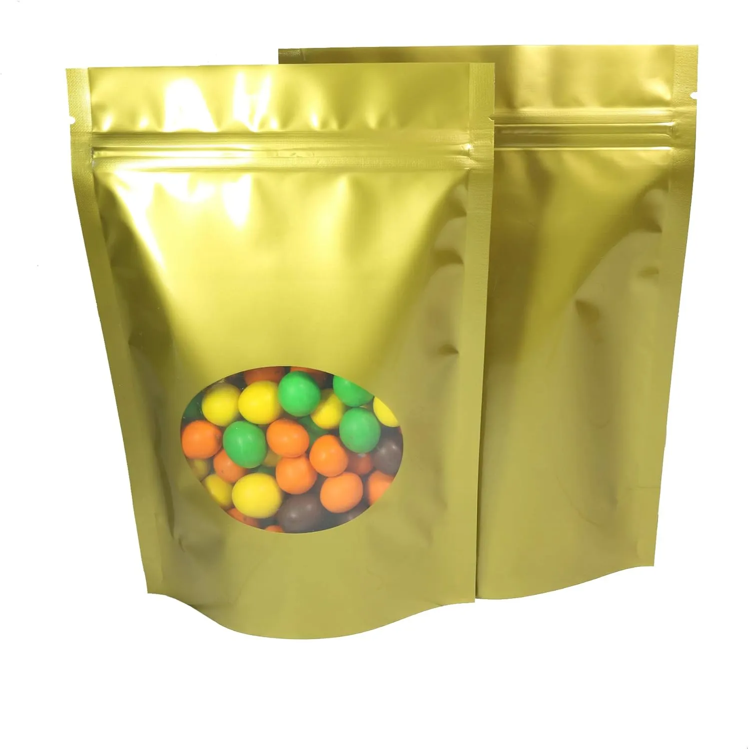 Double-Sided Matte/Glossy Color with Clear Round Window Stand-Up Pouch (100 Bags/Pack) (4" x 6.3", Glossy Gold)