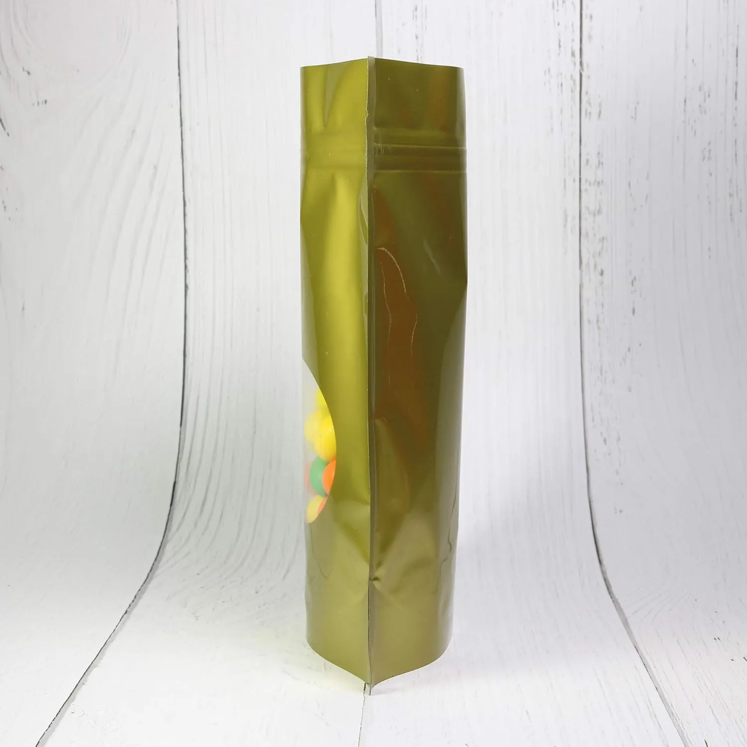 Double-Sided Matte/Glossy Color with Clear Round Window Stand-Up Pouch (100 Bags/Pack) (4" x 6.3", Glossy Gold)