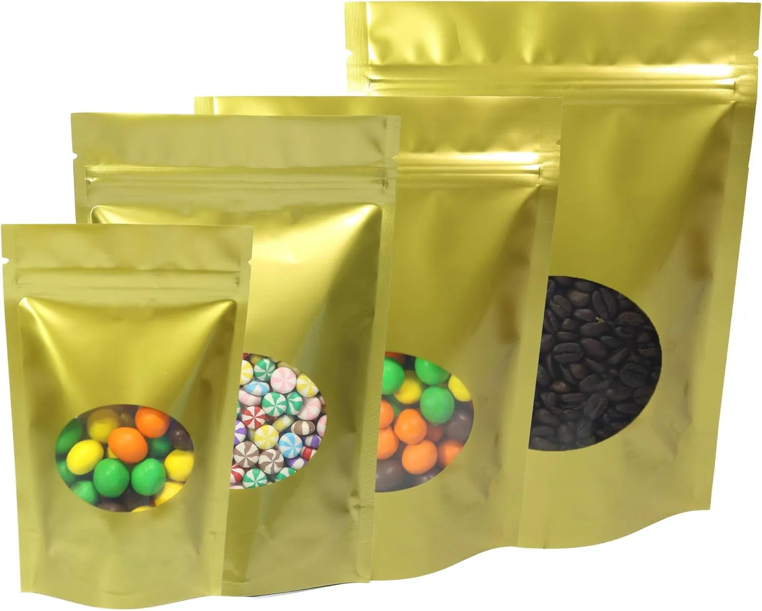 Double-Sided Matte/Glossy Color with Clear Round Window Stand-Up Pouch (100 Bags/Pack) (4" x 6.3", Glossy Gold)