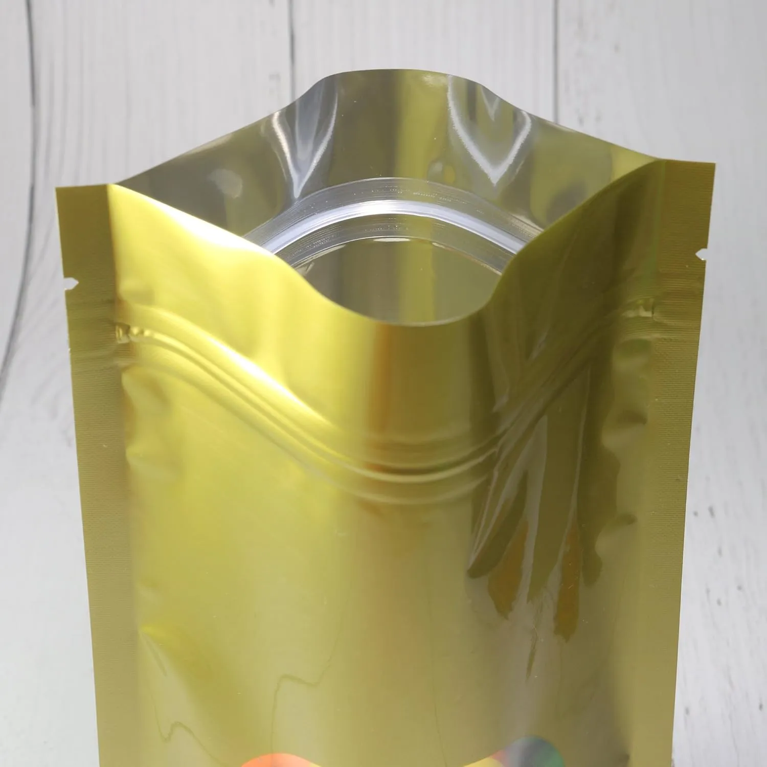 Double-Sided Matte/Glossy Color with Clear Round Window Stand-Up Pouch (100 Bags/Pack) (4" x 6.3", Glossy Gold)