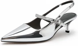 DREAMCIA Women's Slingback Kitten Heel with Pointed Toe Heels Buckle Strap Pumps Metallic Silver Shoes for Women Dressy Low Heel Sandals Silver 8