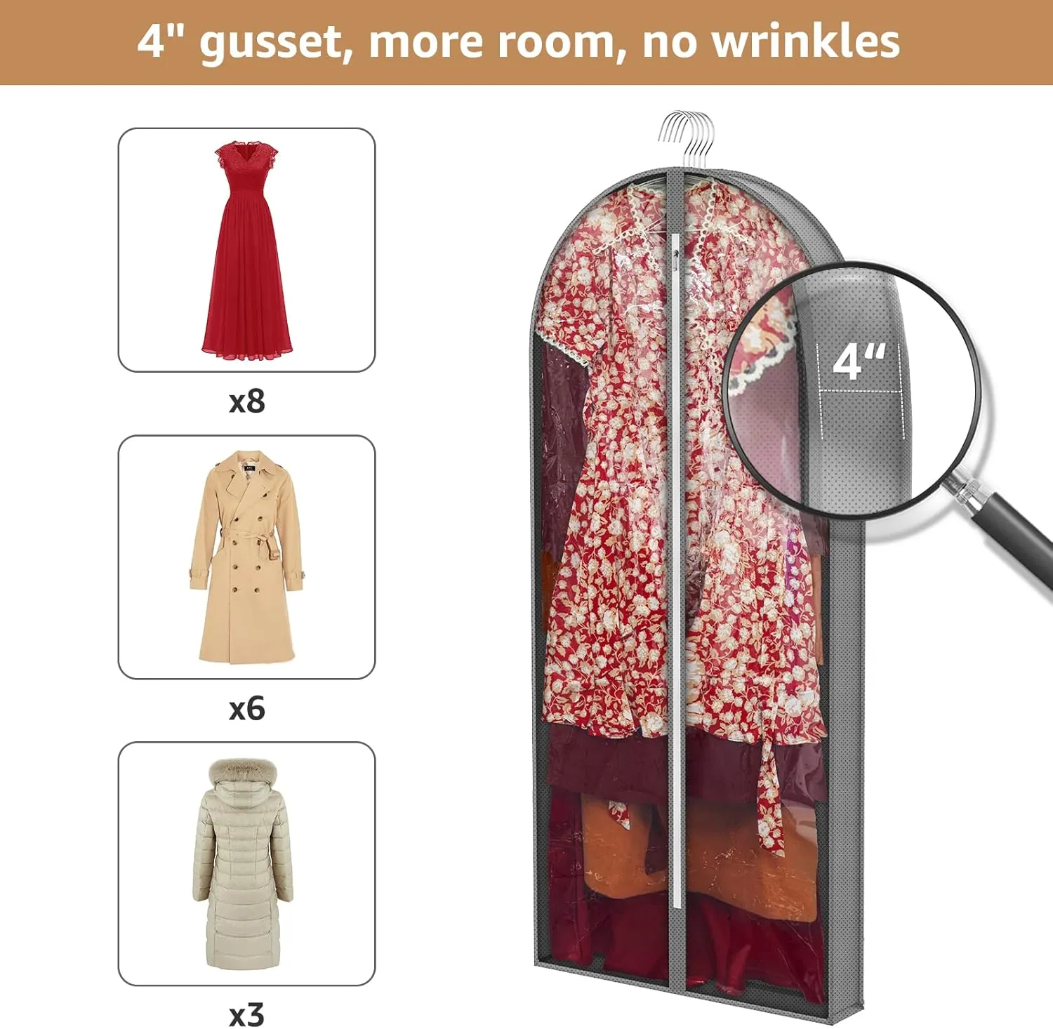 Dress Bags for Gowns Long, 60'' Garment Bags for Hanging Clothes Clear Foldable Long Dress Bag for Closet Storage and Travel, 3 Pack