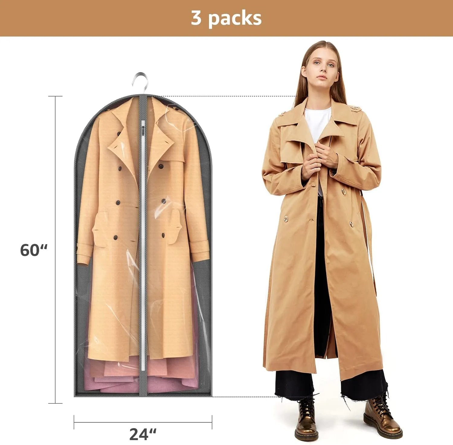 Dress Bags for Gowns Long, 60'' Garment Bags for Hanging Clothes Clear Foldable Long Dress Bag for Closet Storage and Travel, 3 Pack