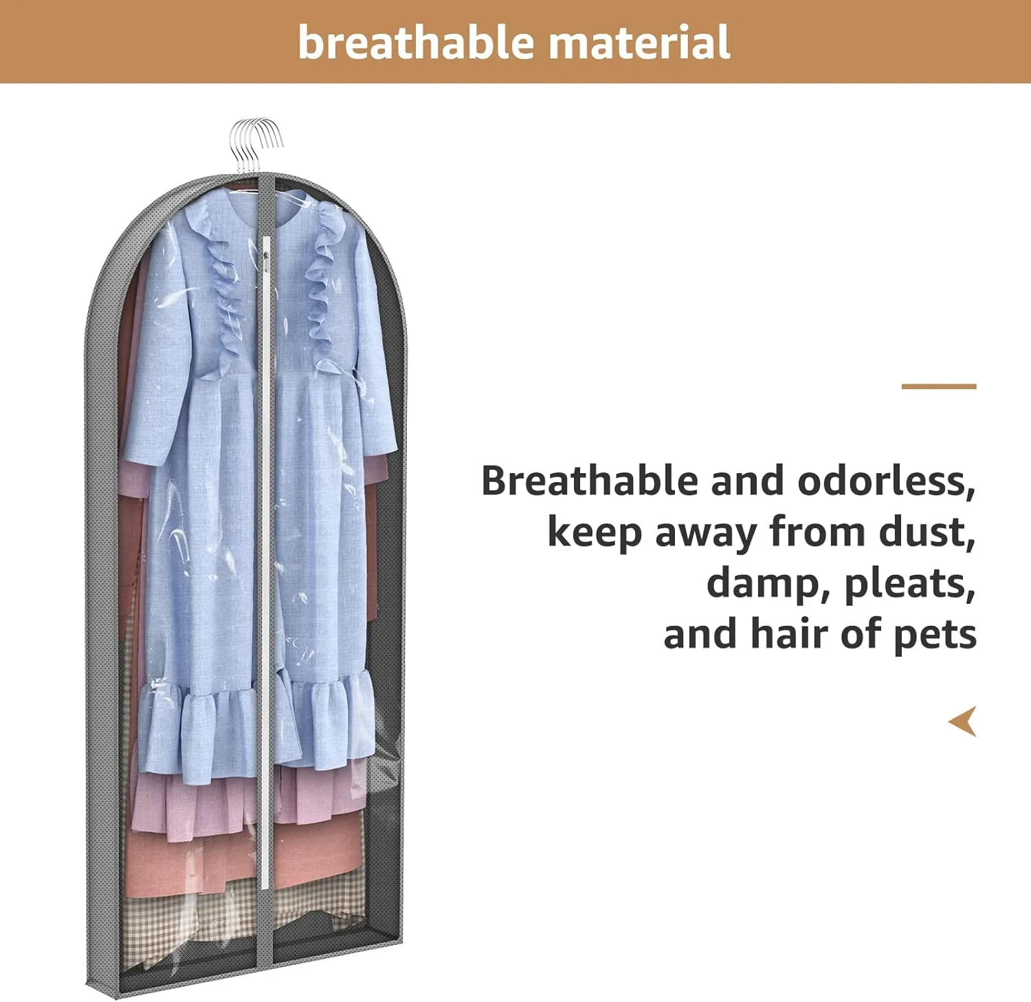 Dress Bags for Gowns Long, 60'' Garment Bags for Hanging Clothes Clear Foldable Long Dress Bag for Closet Storage and Travel, 3 Pack
