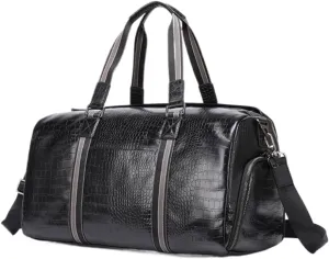 Duffle Bag for Men Genuine Leather Travel Duffel Bag Overnight Weekender Bag for Traveling Crocodile Black