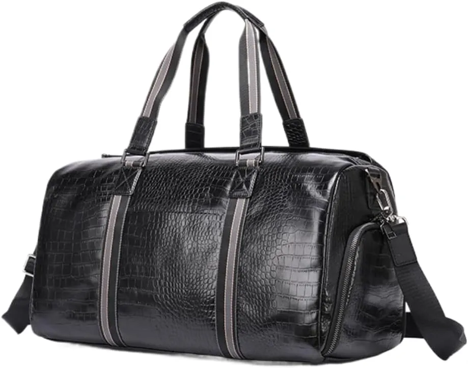 Duffle Bag for Men Genuine Leather Travel Duffel Bag Overnight Weekender Bag for Traveling Crocodile Black