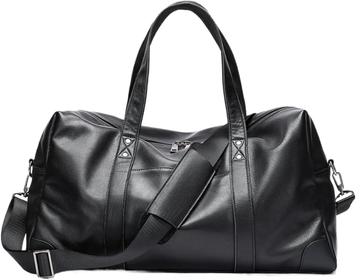 Duffle Bag for Men Genuine Leather Travel Duffel Bag Overnight Weekender Bag for Traveling Movable Strap Black