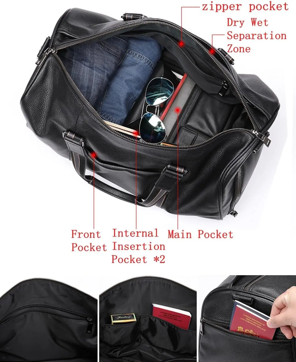 Duffle Bag for Men Genuine Leather Travel Duffel Bag Overnight Weekender Bag for Traveling Movable Strap Black