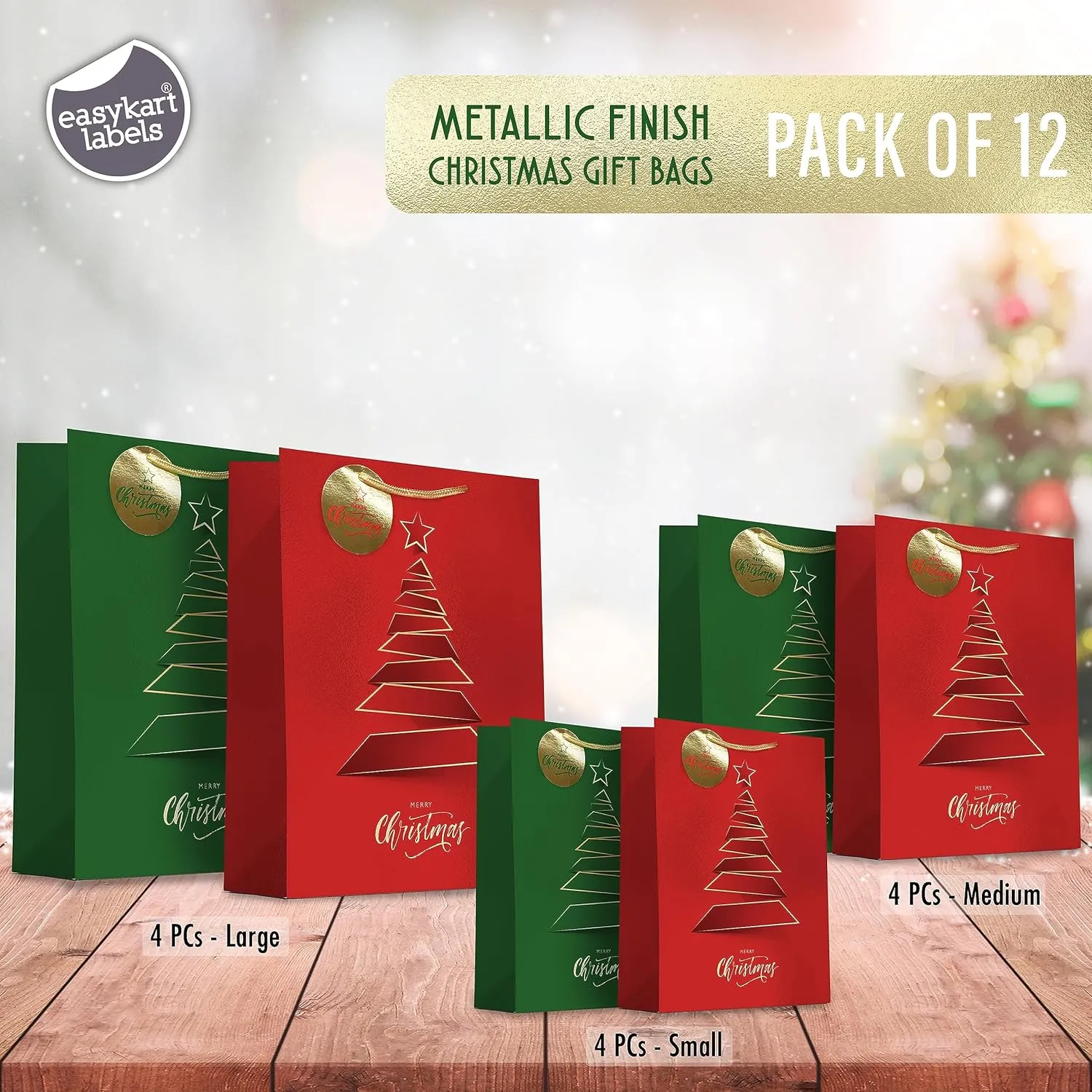 easykart labels 12 Christmas Gift Bags, Red & Green Metallic & Texture Finish with Golden & Spot Gloss Xmas Tree, Assorted Sizes With Handle (4 Extra Large 16", 4 Large 12", 4 Medium 9")