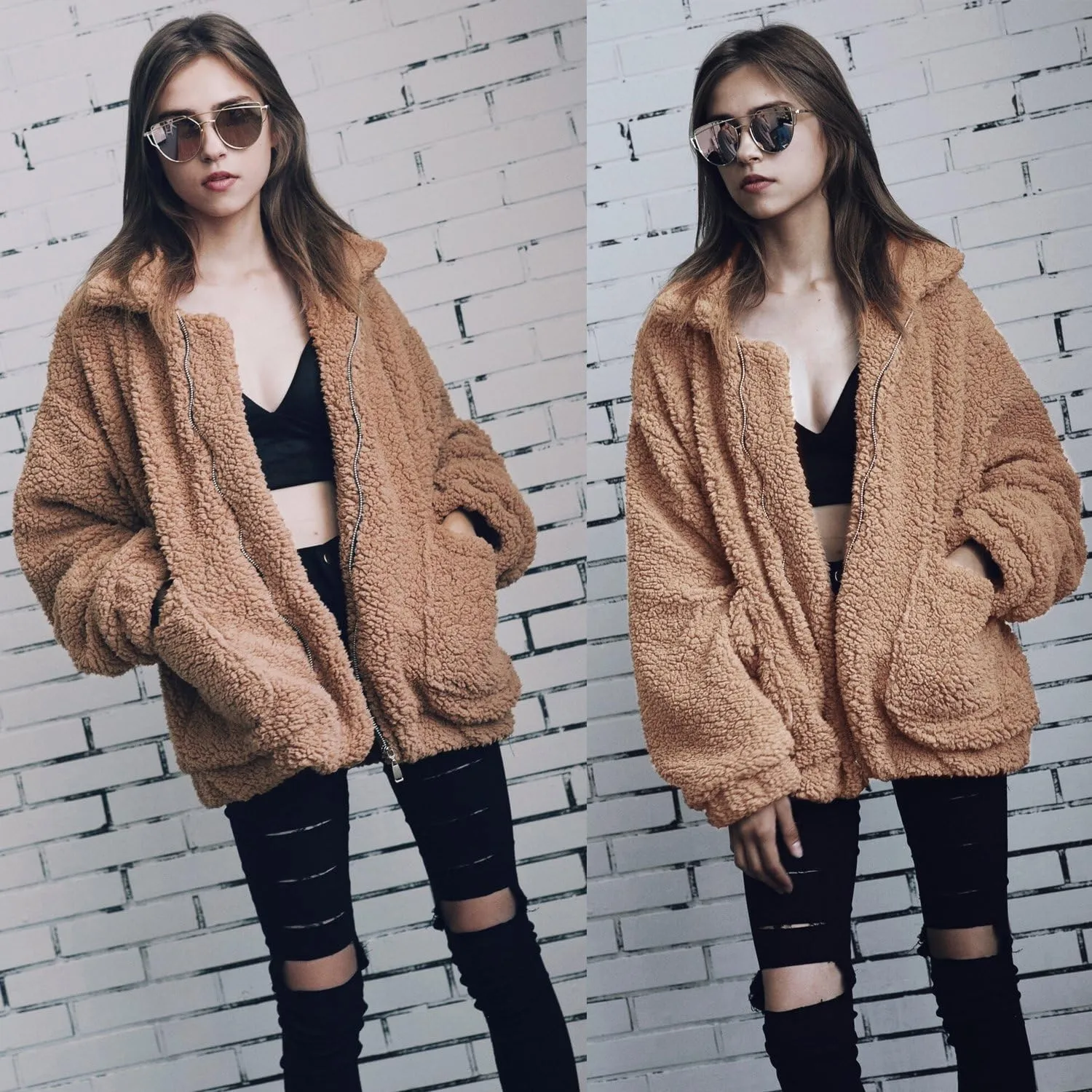 ECOWISH Women Jacket Winter Coat - 2024 Fur Fleece Long Sleeve Sherpa Faux Fuzzy Fall Teddy Fluffy Zip Lapel Outfits