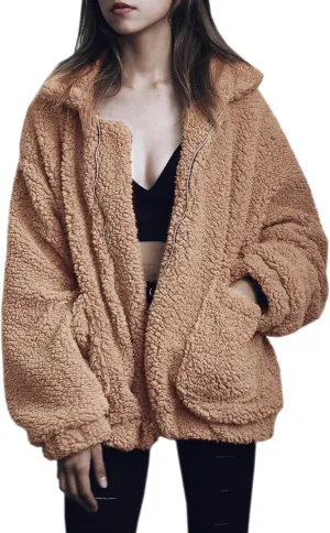 ECOWISH Women Jacket Winter Coat - 2024 Fur Fleece Long Sleeve Sherpa Faux Fuzzy Fall Teddy Fluffy Zip Lapel Outfits