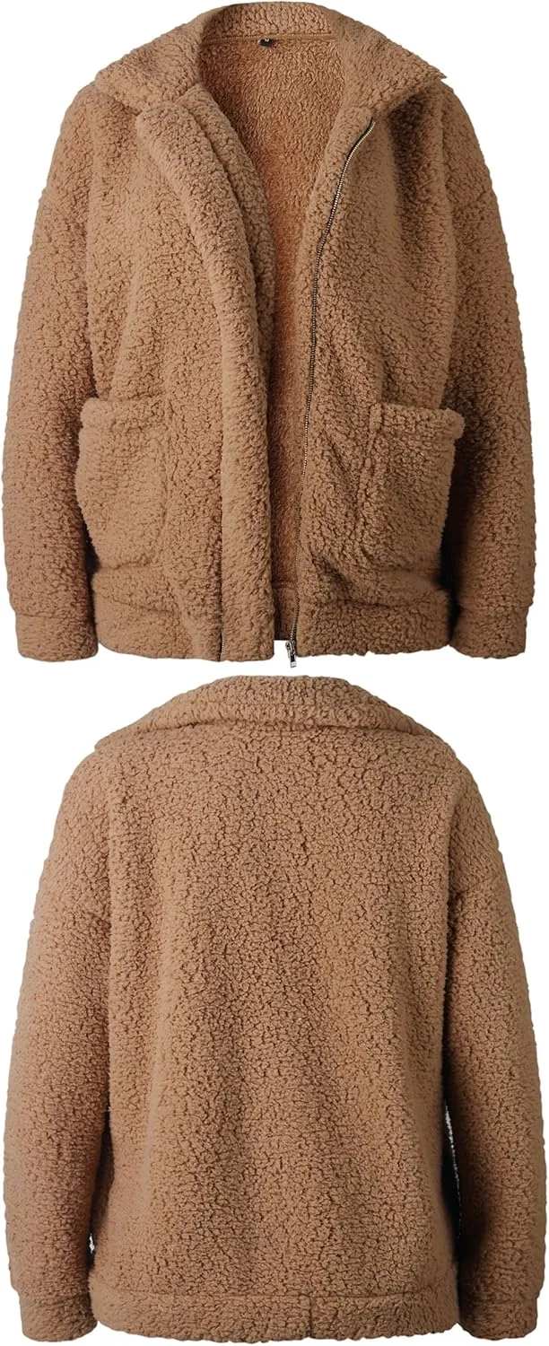 ECOWISH Women Jacket Winter Coat - 2024 Fur Fleece Long Sleeve Sherpa Faux Fuzzy Fall Teddy Fluffy Zip Lapel Outfits