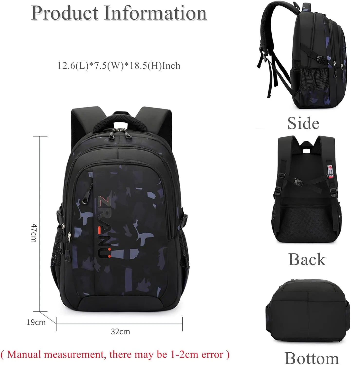 EKUIZAI Black camouflage print Backpack for Boys Middle School Geometric Printed Schoolbag