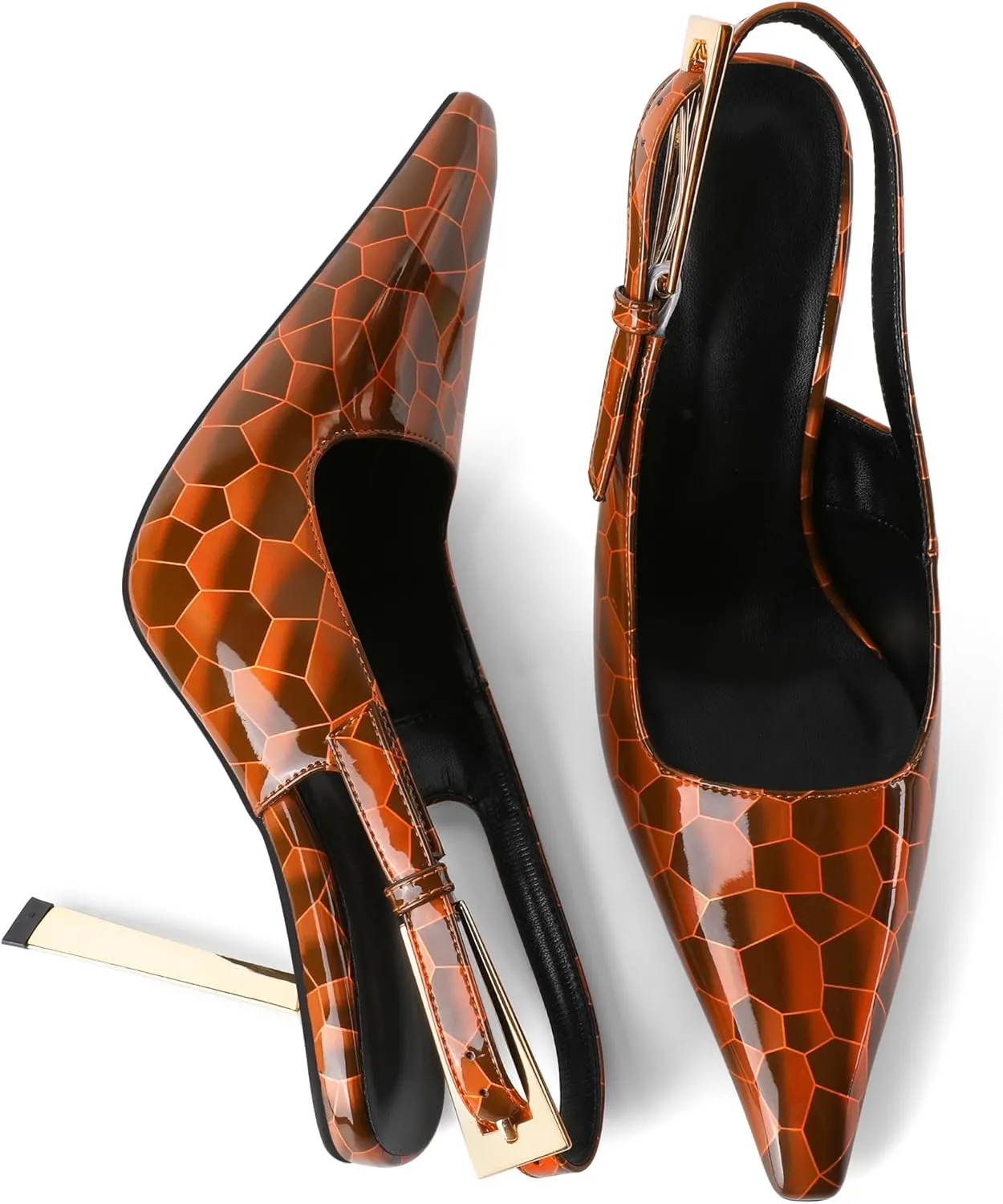 Eldof Slingback Heels for Women Metallic Buckle Square Toe Slip On Gold Stilettos High Heel Pumps Shoes Dressy 4 Inches