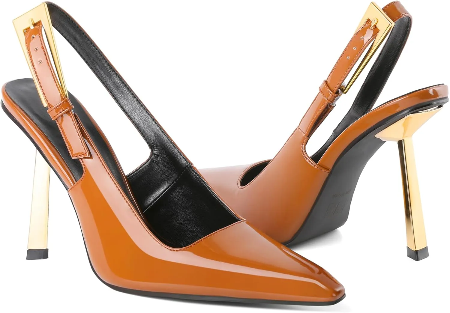 Eldof Slingback Heels for Women Metallic Buckle Square Toe Slip On Gold Stilettos High Heel Pumps Shoes Dressy 4 Inches