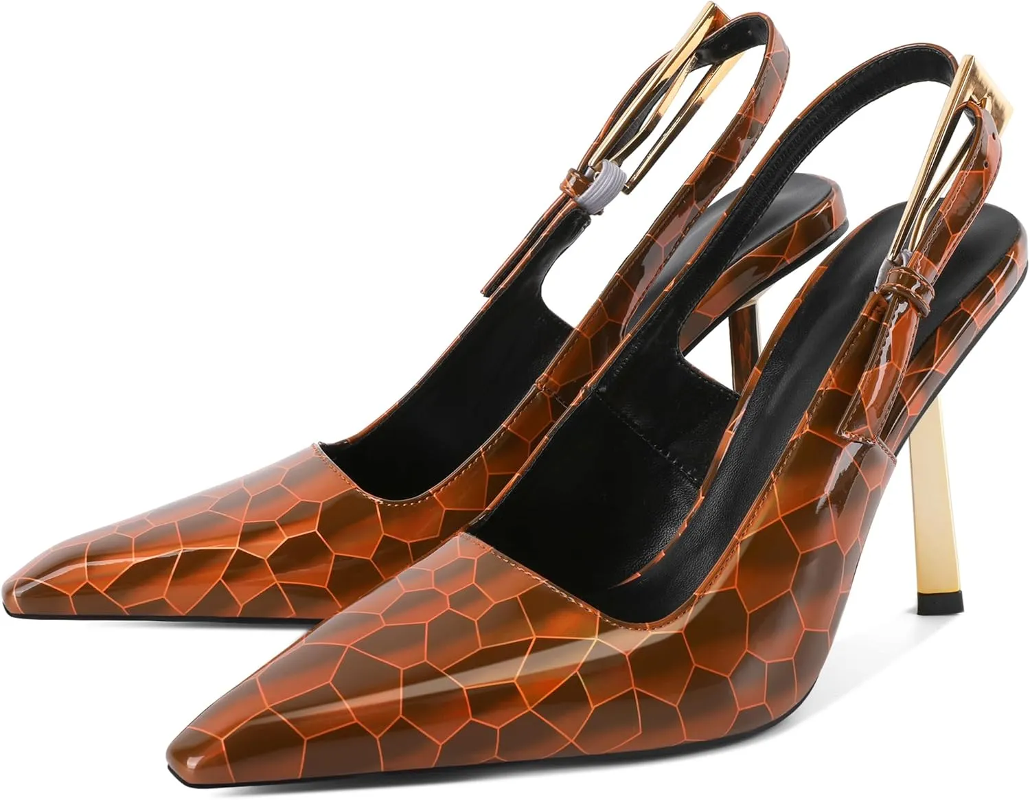 Eldof Slingback Heels for Women Metallic Buckle Square Toe Slip On Gold Stilettos High Heel Pumps Shoes Dressy 4 Inches