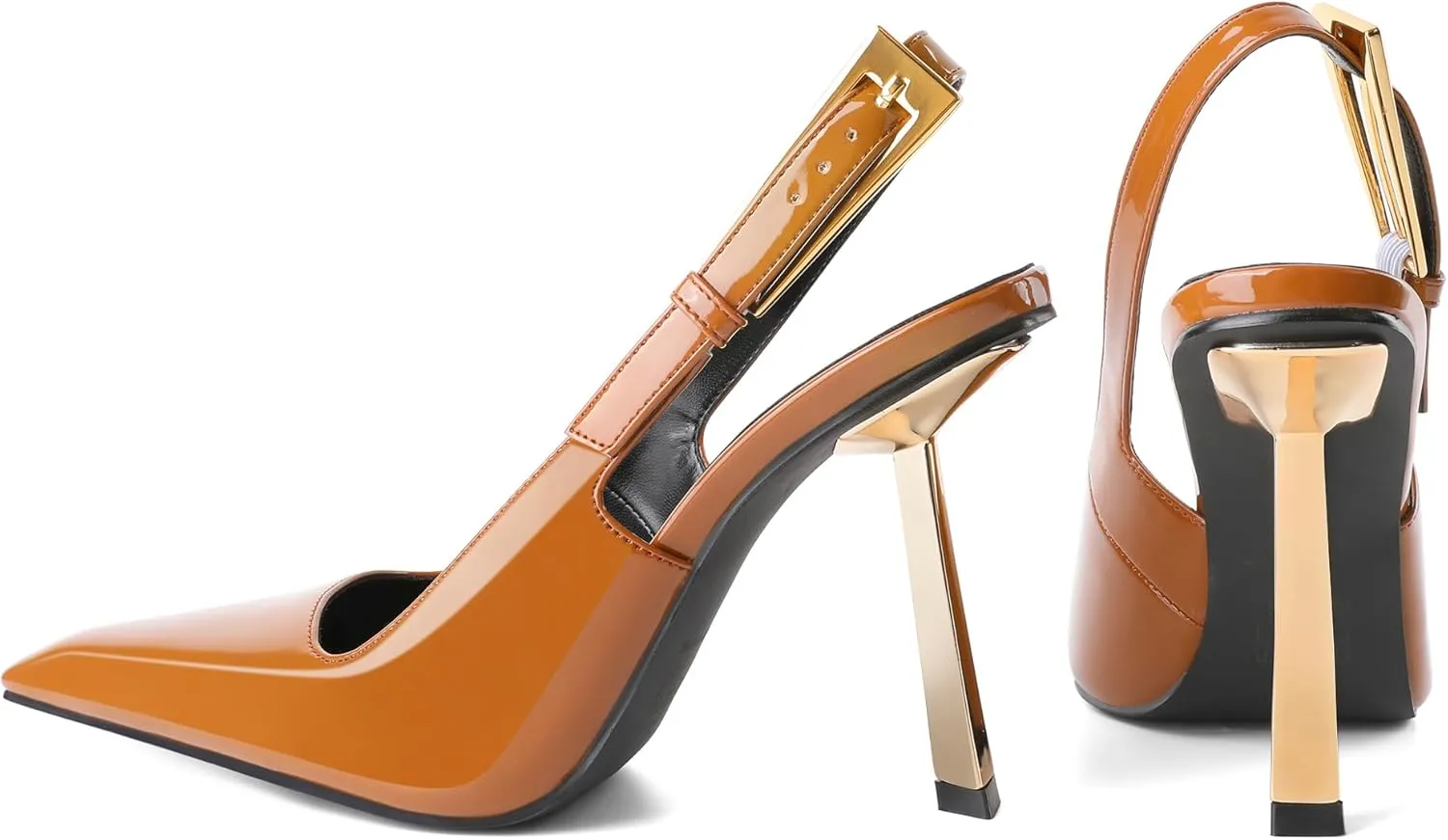 Eldof Slingback Heels for Women Metallic Buckle Square Toe Slip On Gold Stilettos High Heel Pumps Shoes Dressy 4 Inches