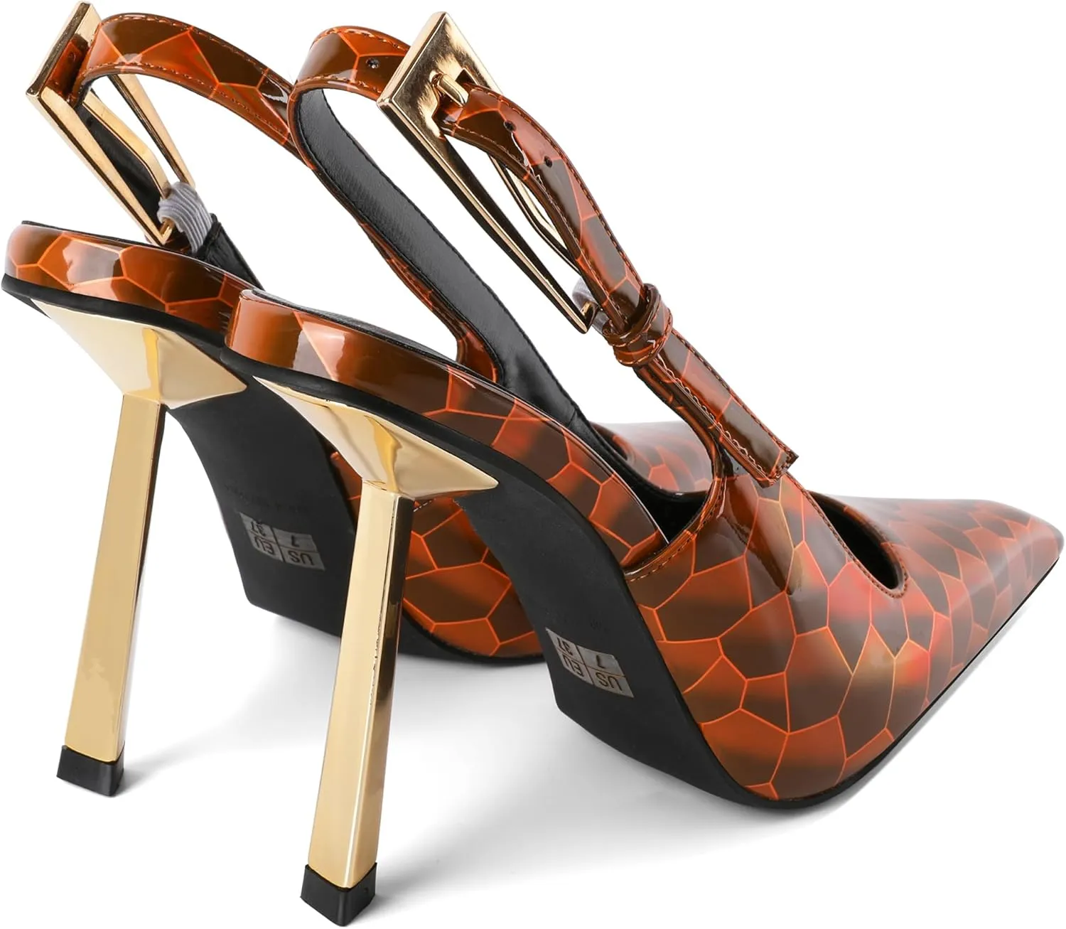 Eldof Slingback Heels for Women Metallic Buckle Square Toe Slip On Gold Stilettos High Heel Pumps Shoes Dressy 4 Inches