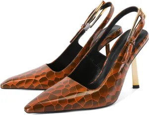 Eldof Slingback Heels for Women Metallic Buckle Square Toe Slip On Gold Stilettos High Heel Pumps Shoes Dressy 4 Inches