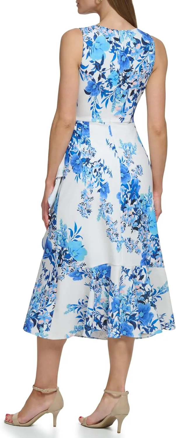 Eliza J Women's Midi Style Printed Knit Sleeveless Vneck Floral Dress