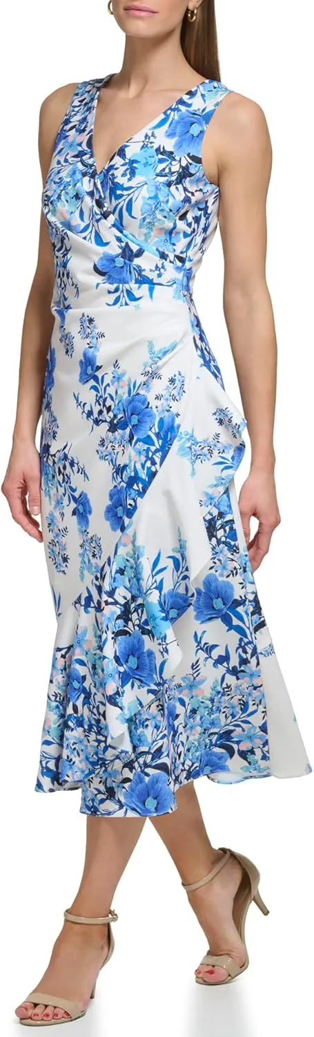 Eliza J Women's Midi Style Printed Knit Sleeveless Vneck Floral Dress