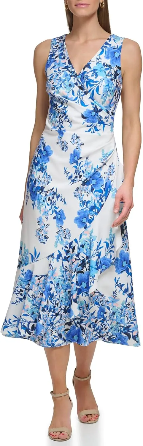 Eliza J Women's Midi Style Printed Knit Sleeveless Vneck Floral Dress