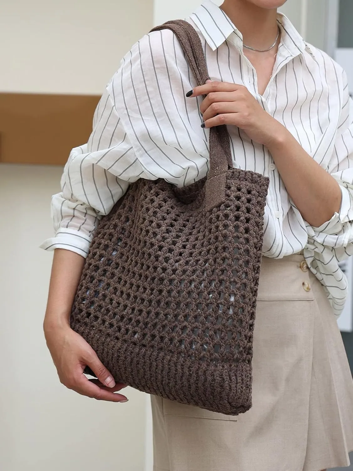 ENBEI Women's Beach Tote Bag, Crochet Knit Hollow Design, Stylish Tote for Beach,Travel and Everyday Use Aesthetic Handbag