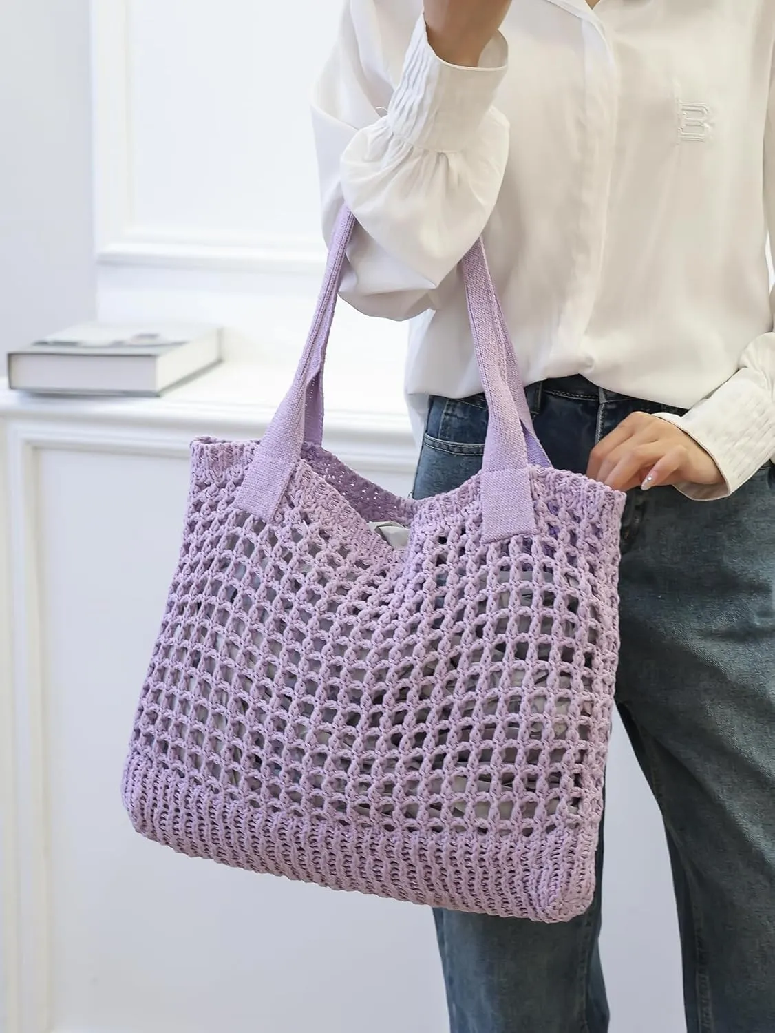 ENBEI Women's Beach Tote Bag, Crochet Knit Hollow Design, Stylish Tote for Beach,Travel and Everyday Use Aesthetic Handbag