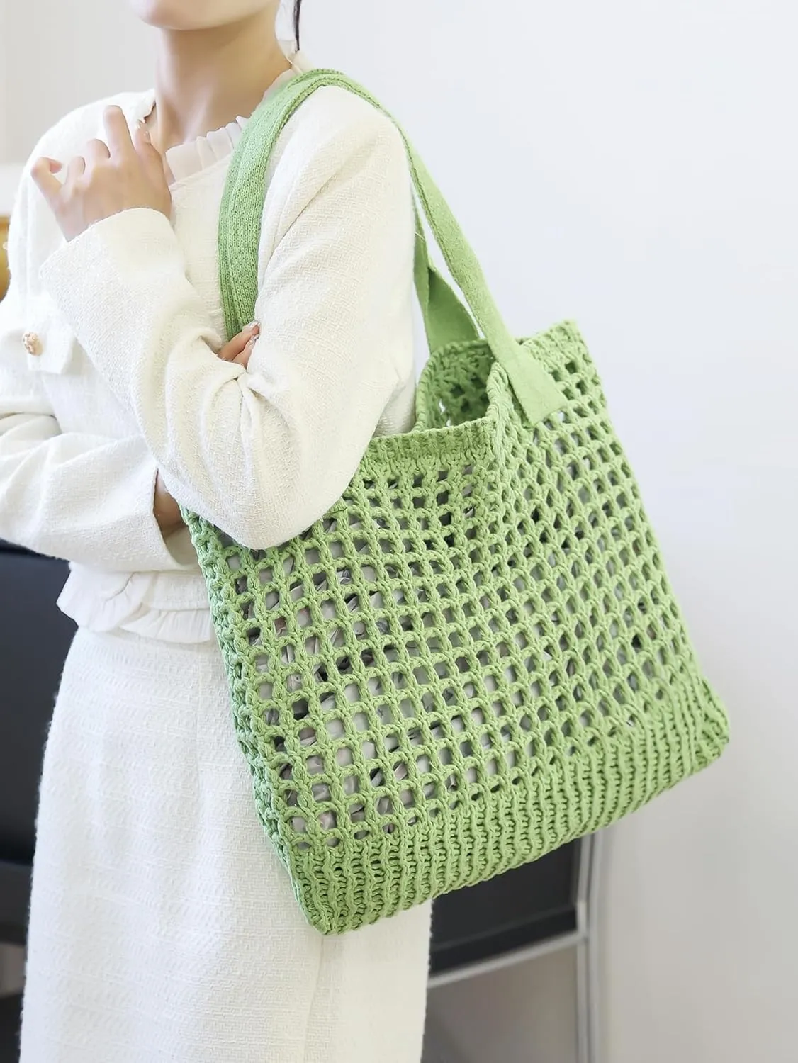ENBEI Women's Beach Tote Bag, Crochet Knit Hollow Design, Stylish Tote for Beach,Travel and Everyday Use Aesthetic Handbag