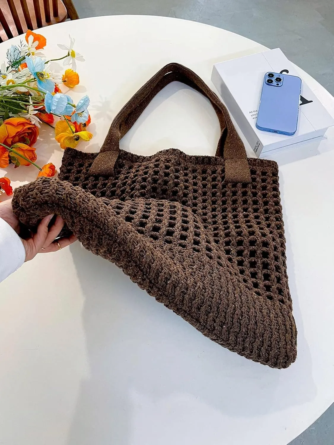 ENBEI Women's Beach Tote Bag, Crochet Knit Hollow Design, Stylish Tote for Beach,Travel and Everyday Use Aesthetic Handbag