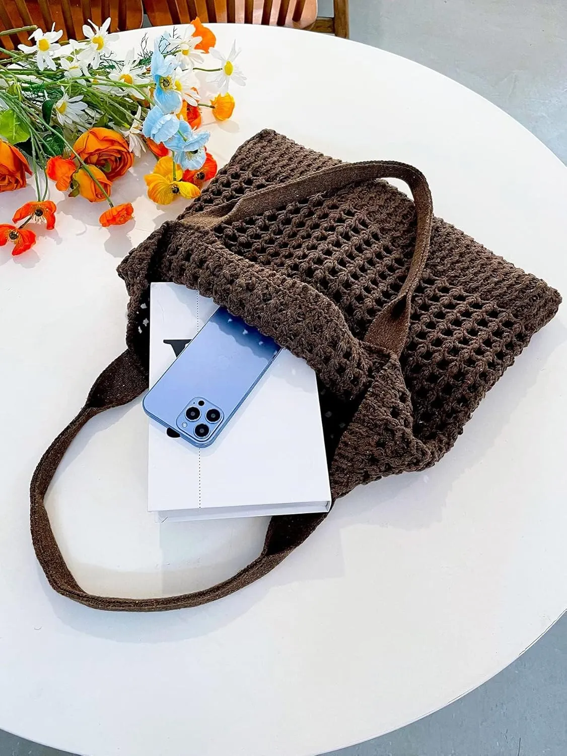 ENBEI Women's Beach Tote Bag, Crochet Knit Hollow Design, Stylish Tote for Beach,Travel and Everyday Use Aesthetic Handbag