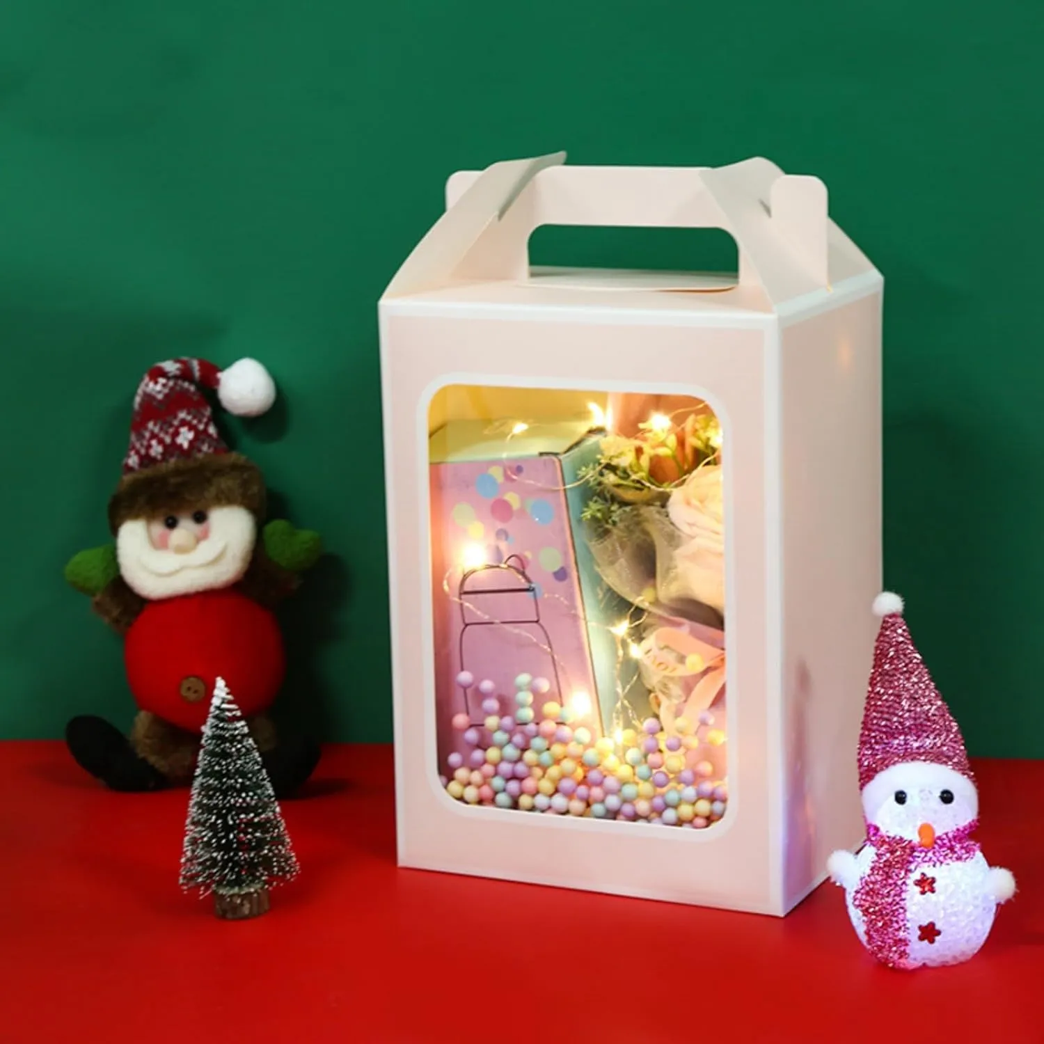 Enorteen 30 Pcs Clear Gift Bags with Transparent Window Gift Boxes Candy Boxes Tote Paper Bags Flower Boxes Bouquet Bags for Bridal Shower Present Festivals Party (Pink)