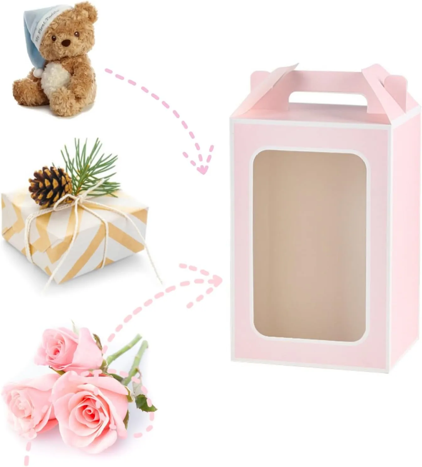 Enorteen 30 Pcs Clear Gift Bags with Transparent Window Gift Boxes Candy Boxes Tote Paper Bags Flower Boxes Bouquet Bags for Bridal Shower Present Festivals Party (Pink)
