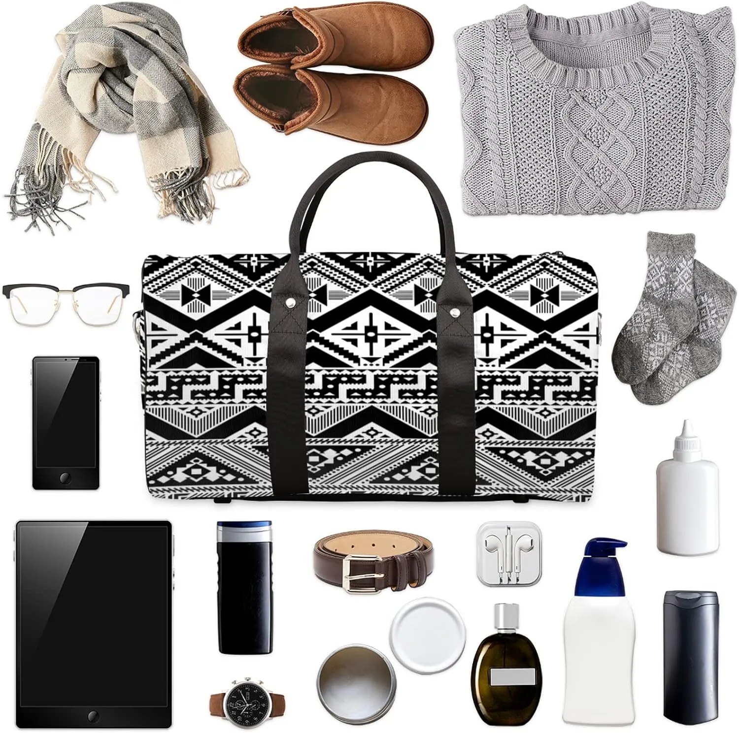 Ethni Ethnic Aztec Geometric Sports Tote Gym Duffel Bag - Foldable Weekender Overnight Shoulder Carry On Luggage Handle Bag for Women Men