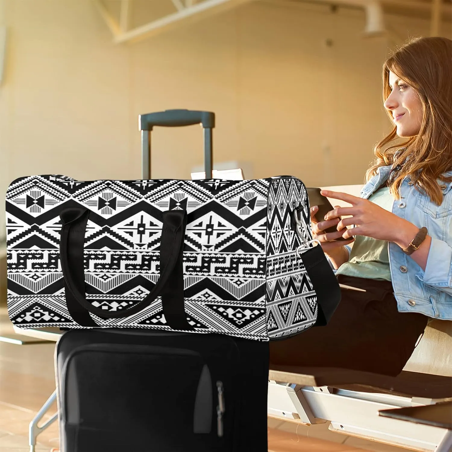 Ethni Ethnic Aztec Geometric Sports Tote Gym Duffel Bag - Foldable Weekender Overnight Shoulder Carry On Luggage Handle Bag for Women Men