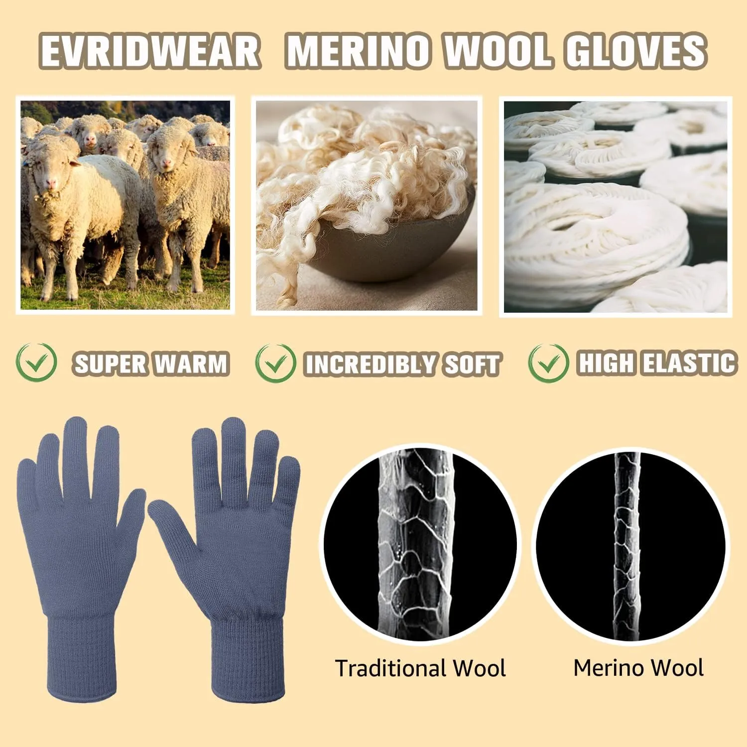 Evridwear Men Women Merino Wool String Knit Liner Warm Gloves 4 Sizes and Colors