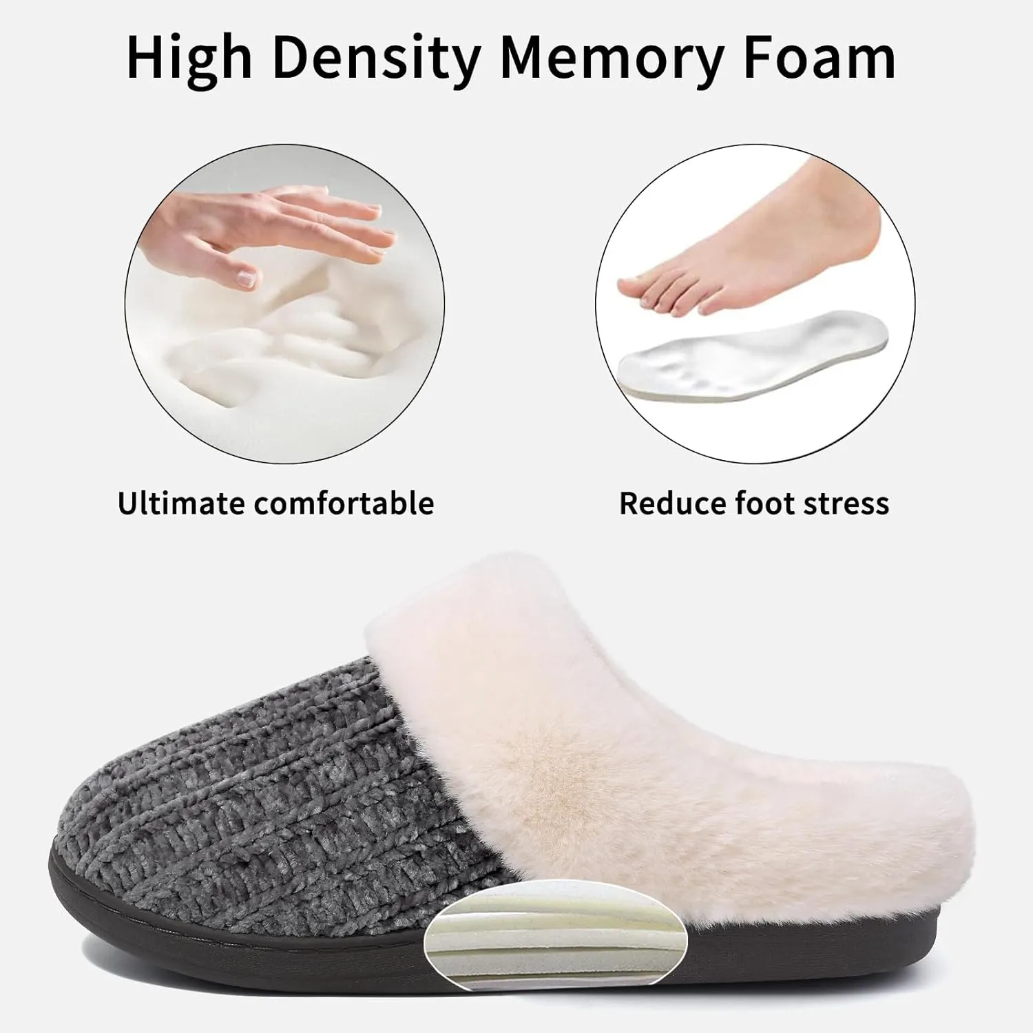 Evshine Warm Knit House Slippers for Women Comfy Wool-Like Lined Chenille Slippers with Memory Foam and Indoor Outdoor Soles