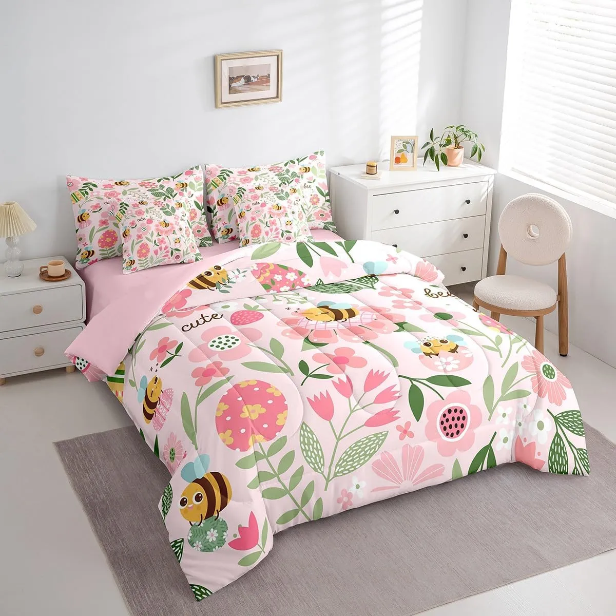 Feelyou Kawaii Bee 7 Piece Bedding Set Full Size Cartoon Bee Comforter Set with Sheets for Kids Boys Girls Cute Leaf Flower Bed in a Bag Animals Floral Printed Bed Set
