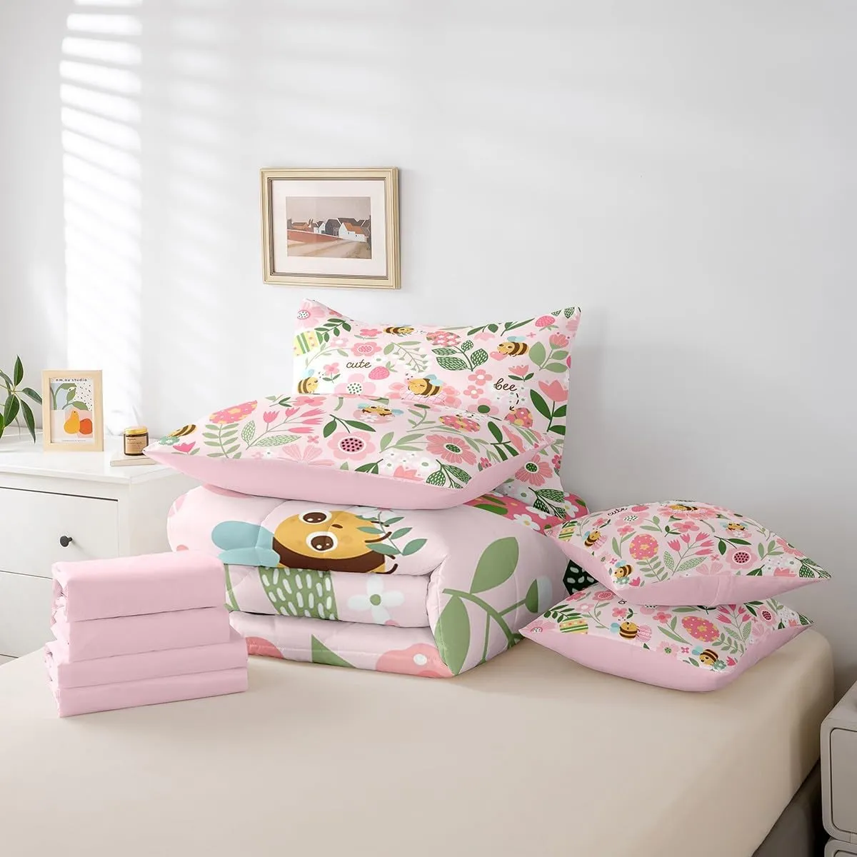 Feelyou Kawaii Bee 7 Piece Bedding Set Full Size Cartoon Bee Comforter Set with Sheets for Kids Boys Girls Cute Leaf Flower Bed in a Bag Animals Floral Printed Bed Set