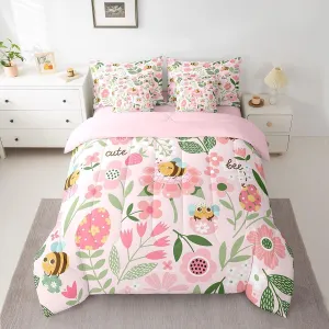 Feelyou Kawaii Bee 7 Piece Bedding Set Full Size Cartoon Bee Comforter Set with Sheets for Kids Boys Girls Cute Leaf Flower Bed in a Bag Animals Floral Printed Bed Set