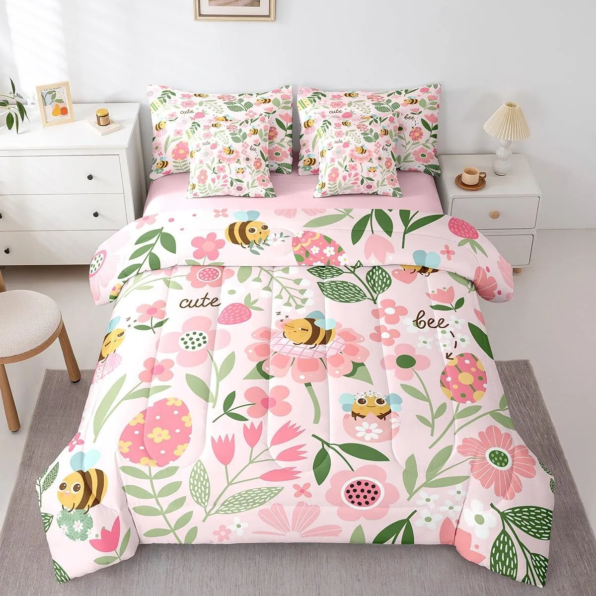 Feelyou Kawaii Bee 7 Piece Bedding Set Full Size Cartoon Bee Comforter Set with Sheets for Kids Boys Girls Cute Leaf Flower Bed in a Bag Animals Floral Printed Bed Set