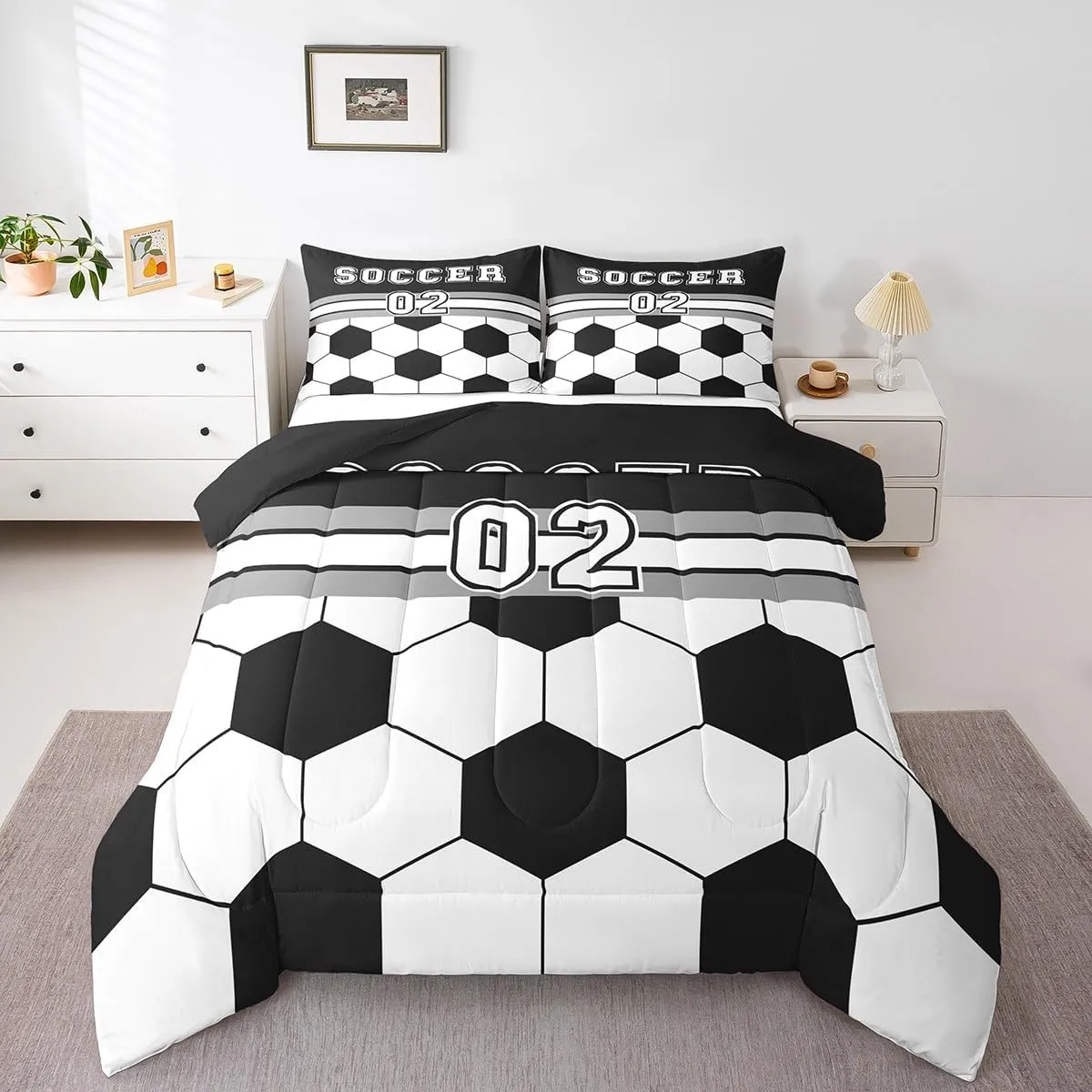 Feelyou Soccer Bedding Set Queen Size for Kids Boys Girls Teens Toddler Football Duvet Set Sport Ball Theme Comforter Set Black White Quilt Set 3Pcs
